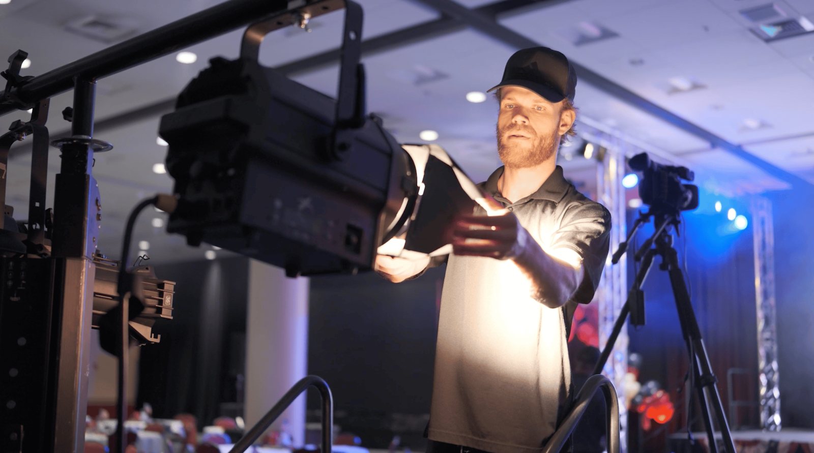 Lighting technician focusing a fixture before the show
